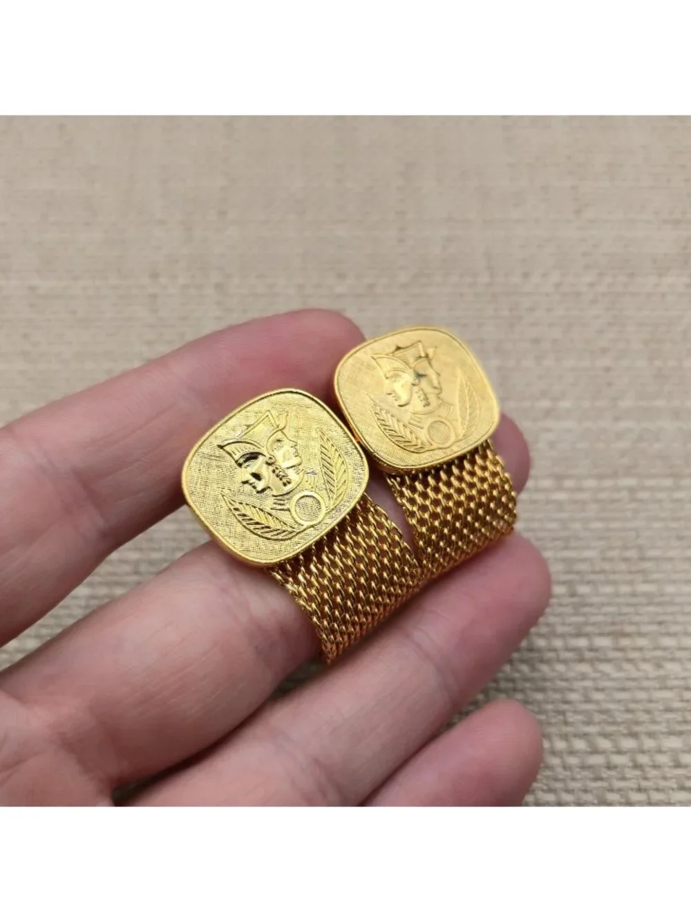 Vintage Mesh Wrap Cufflinks, Janus Two Faced Comedy Tragedy Theater Gift A8137